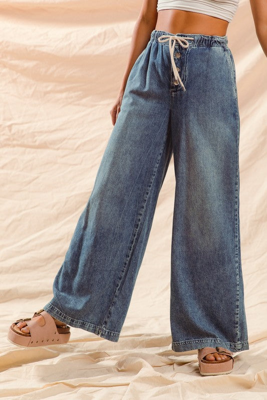 High Waist Wide Leg With Button Drawstring Denim Pant