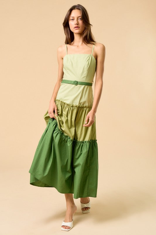 1559 Color Block Green Belted Midi Dress