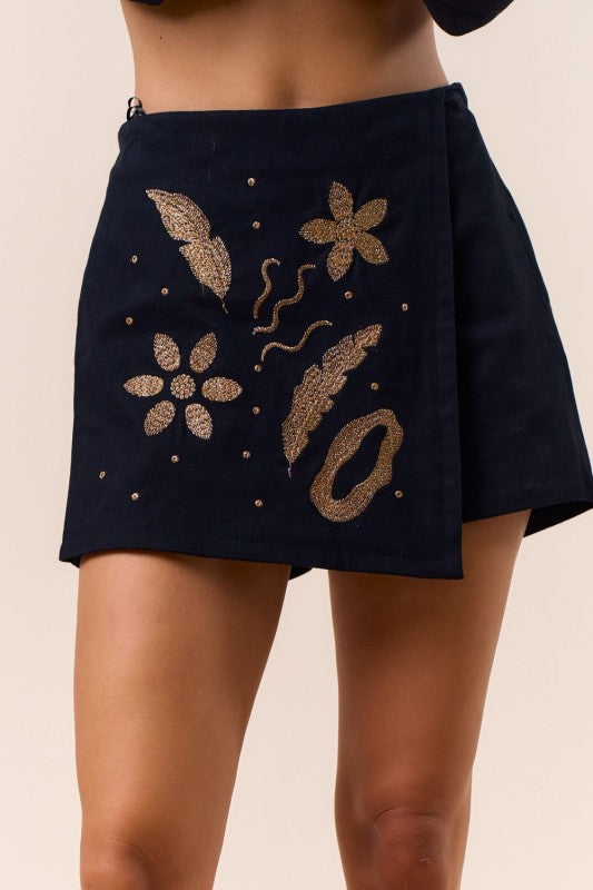 2036 Black & Gold Embroidered Skort
