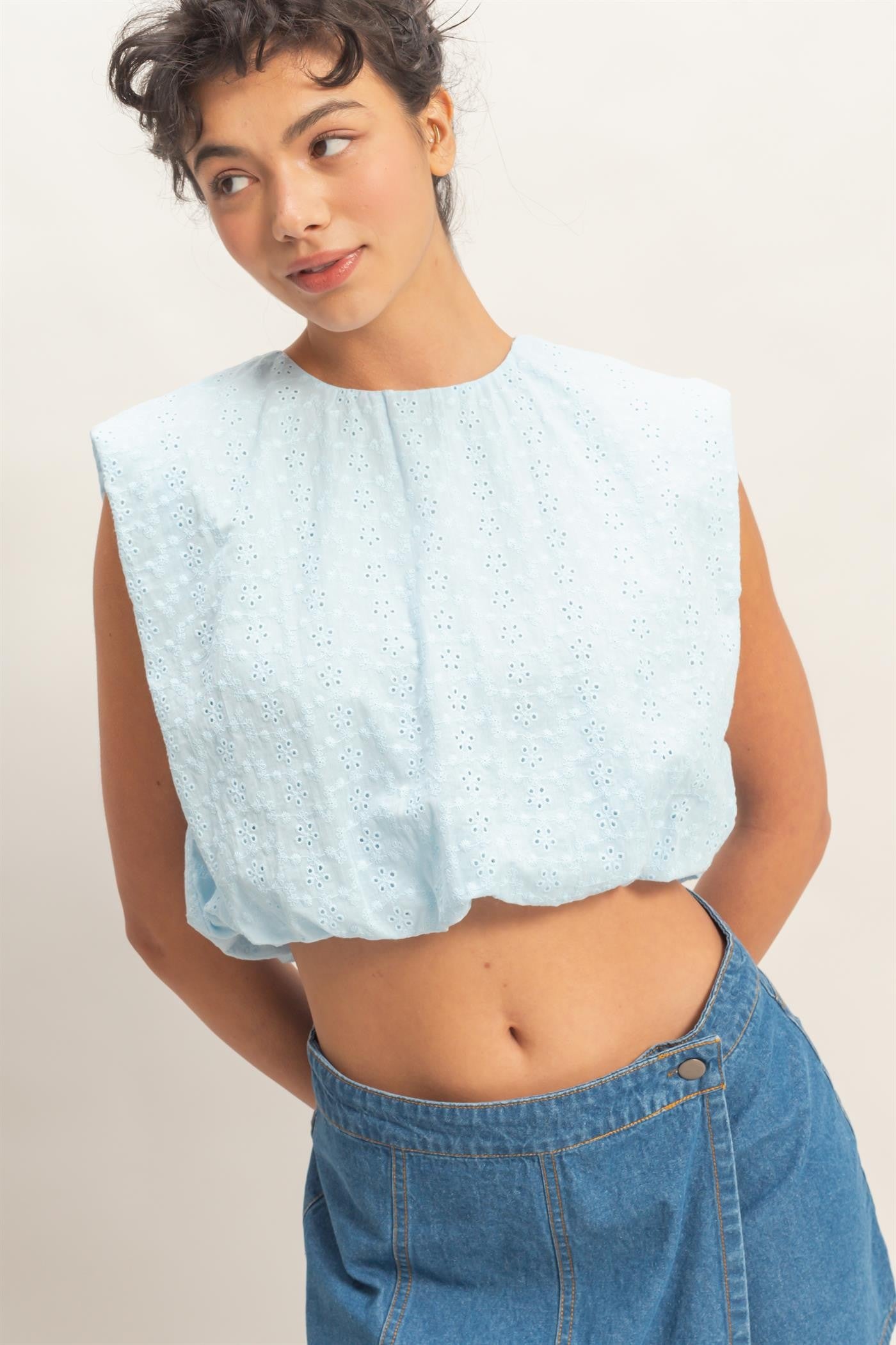 2335 Eyelet Bubble Crop Top