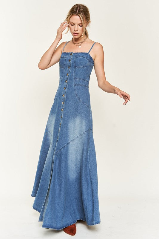 Strapless Button Down Denim Maxi Dress