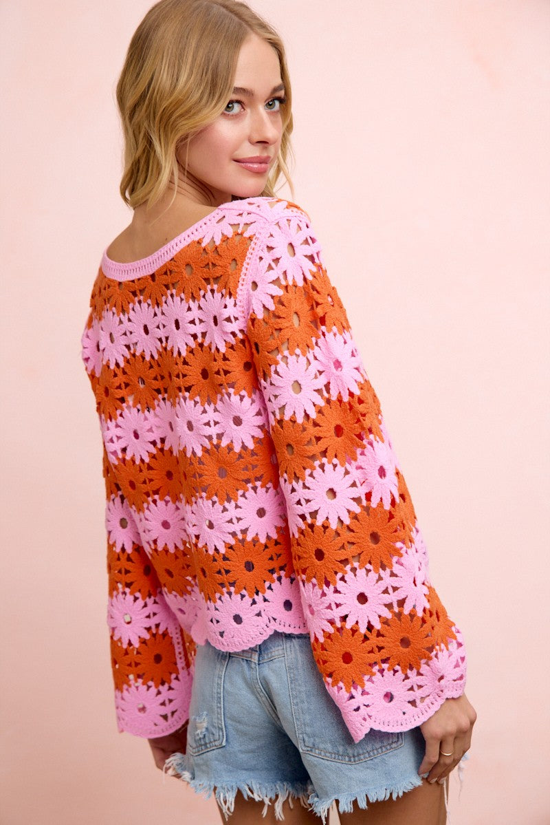 2455 Pink & Red Floral Crochet Top