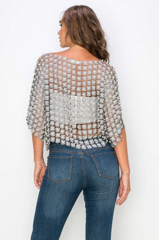 1744 Onesize Silver Pearls Crochet Top