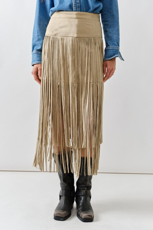 1849 Suede Fringe Midi Skirt