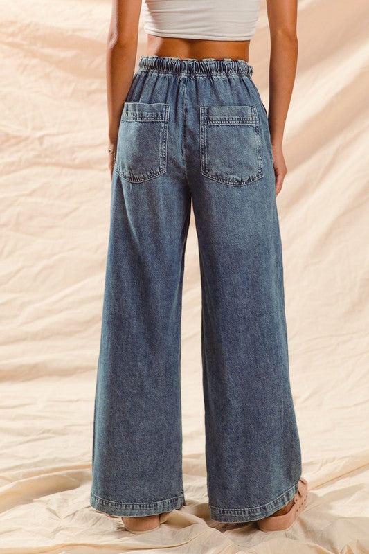 High Waist Wide Leg With Button Drawstring Denim Pant