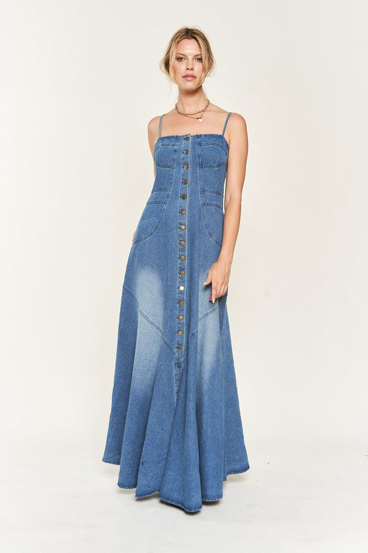 Strapless Button Down Denim Maxi Dress