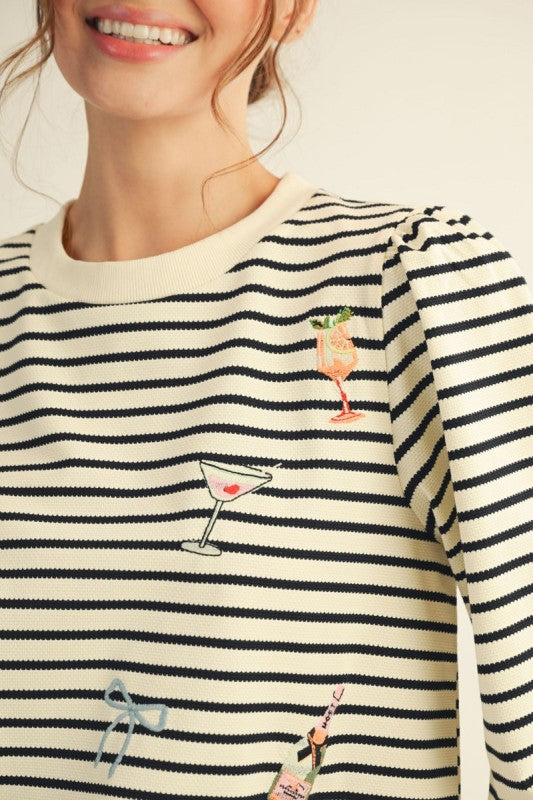 2044 Striped Drinks 3/4 Sleeve Top