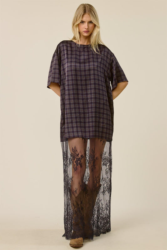 2726 Plaid T-Shirt Dress With Lace
