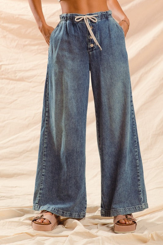 High Waist Wide Leg With Button Drawstring Denim Pant