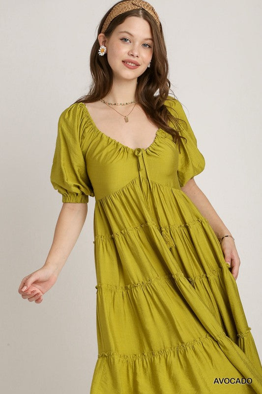 Tiered Puff Sleeve Midi Dress