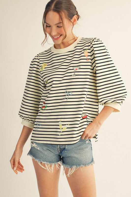 2044 Striped Drinks 3/4 Sleeve Top