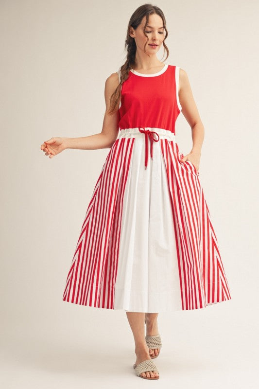 2225 Red Striped Midi Dress