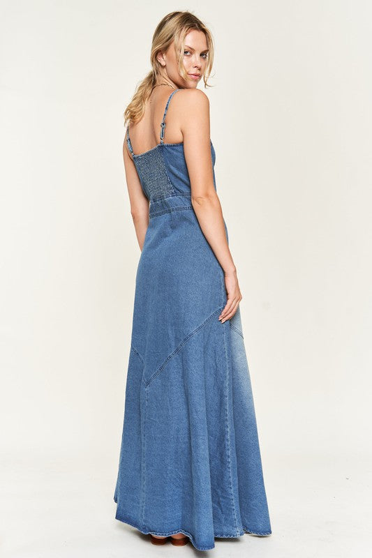 Strapless Button Down Denim Maxi Dress