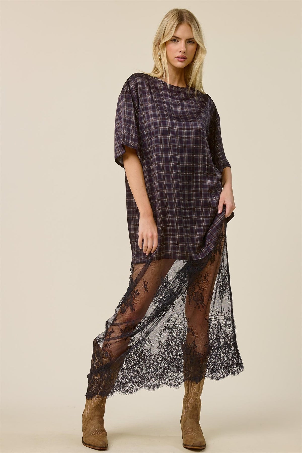 2726 Plaid T-Shirt Dress With Lace