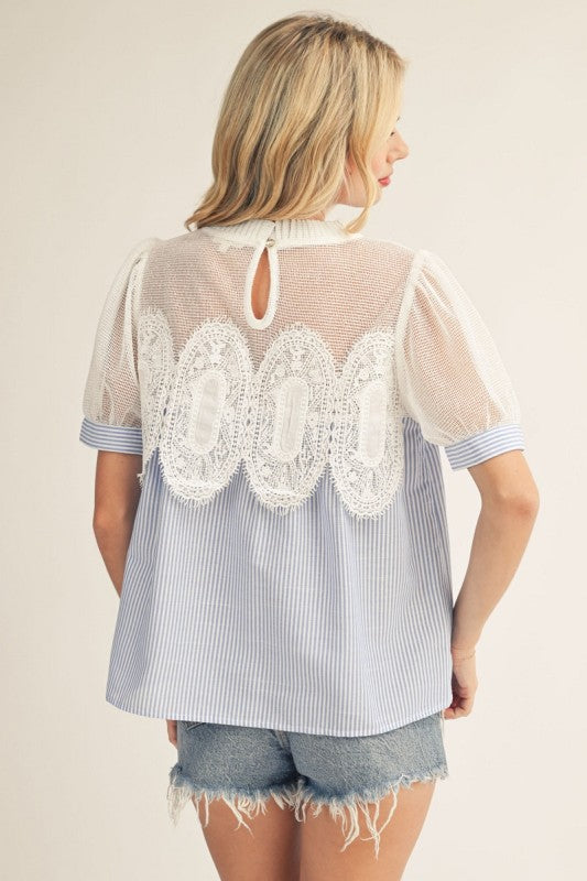 2139 Crochet Accent Blue Striped Blouse