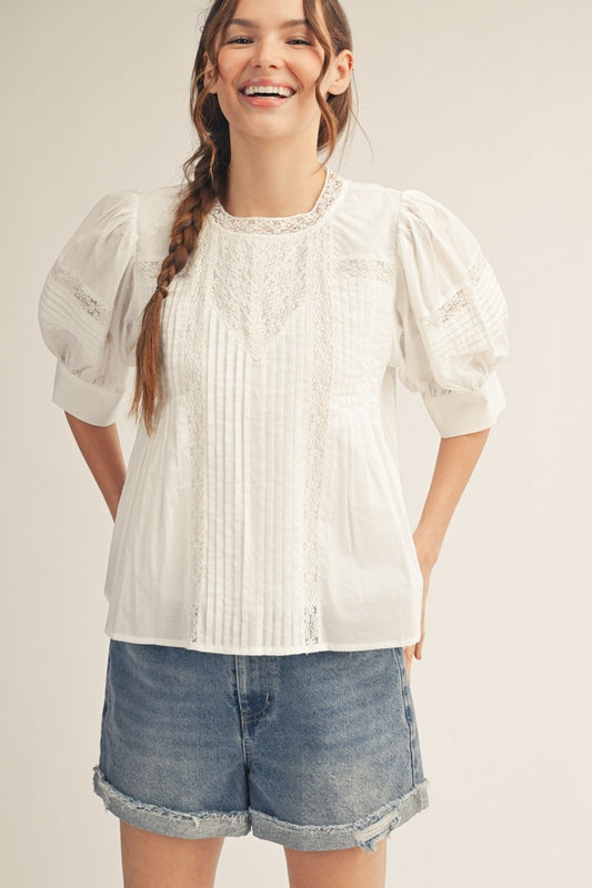 2401 Lace Bubble Sleeve White Shirt